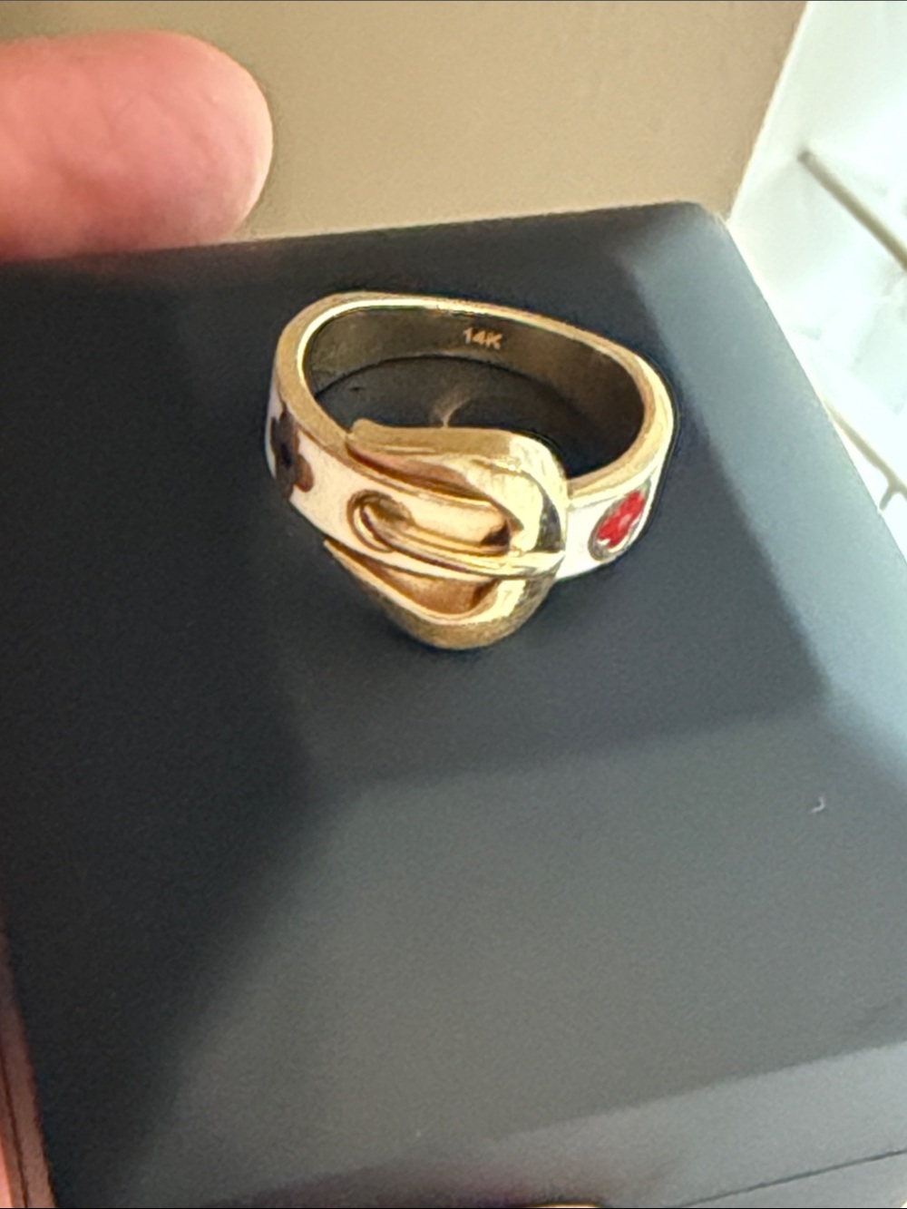14K Gold Tone Women's Buckle Ring with Red Accents